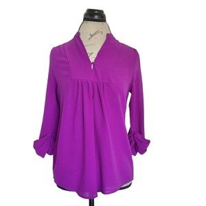 Brixon Ivy Womens Blouse Size XS Purple Popover Button Pleated Rolled up Cuffs